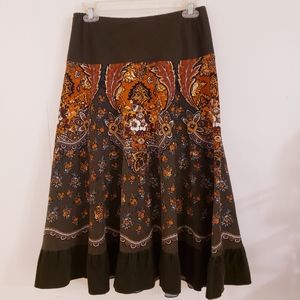 VTG Y2K 90s Skirt Corduroy Brown Orange Floral BOHO Prairie Ruffle Petite Small